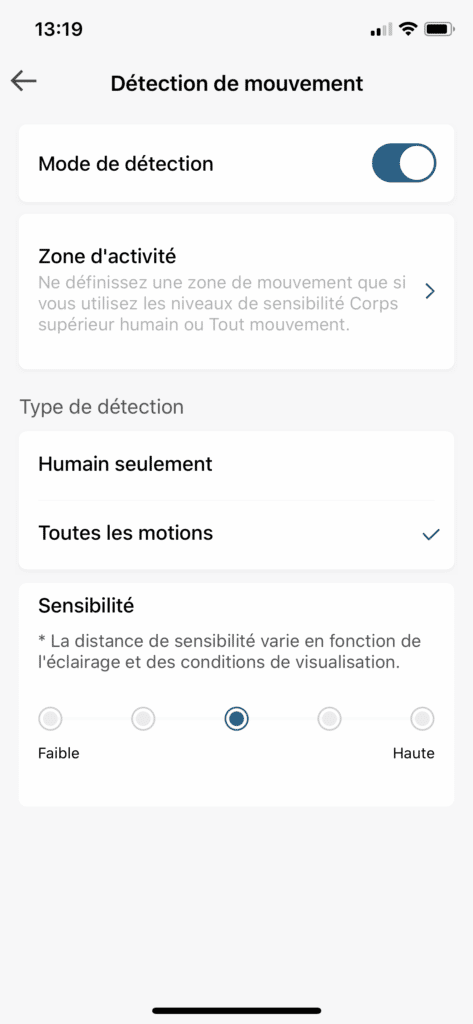 Detection de mouvement eufy Security parametres