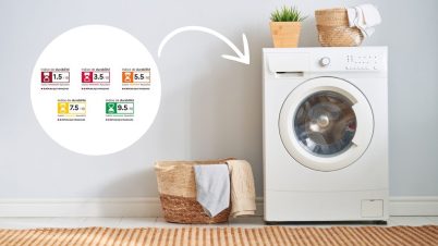 Machines à laver : un nouvel indice va bouleverser vos achats dès avril machine à laver dans un salle de bain avec les nouveaux indices de durabilité affichés à côté