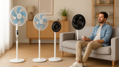 Rowenta fait fondre les prix de ses meilleurs ventilateurs silencieux : plus d'excuse pour passer une nuit au frais. Homme dans son salon avec des ventilateurs Rowenta.