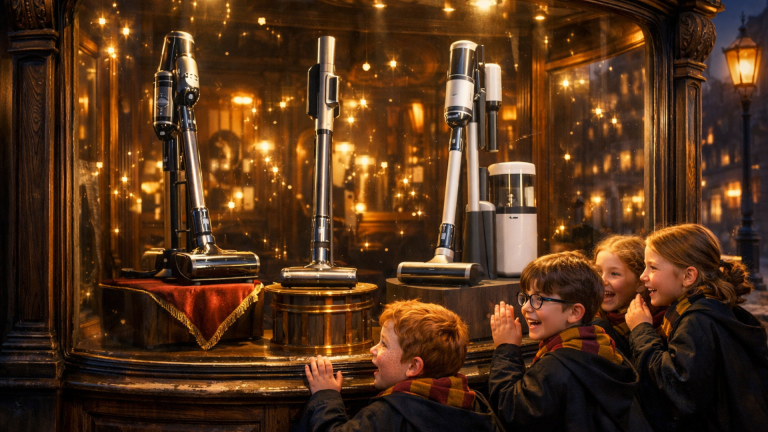 aspirateurs-balais dans une vitrine vintage