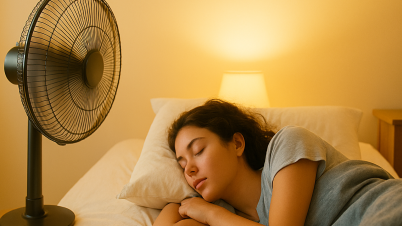 Ventilateur et canicule : ce que personne ne vous dit sur la consommation réelle Une personne dort à côté d’un ventilateur.