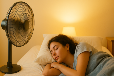 Une personne dort à côté d’un ventilateur.