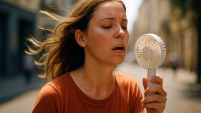 Mini-ventilateurs à 10€ : l’objet que tout le monde s’arrache… à tort ou à raison ? Une femme se rafraîchit avec un ventilateur portable.