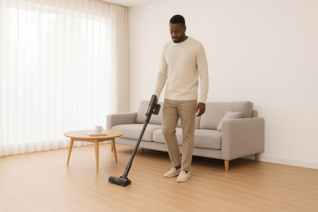 Une personne passe l’aspirateur Dreame H15 Mix