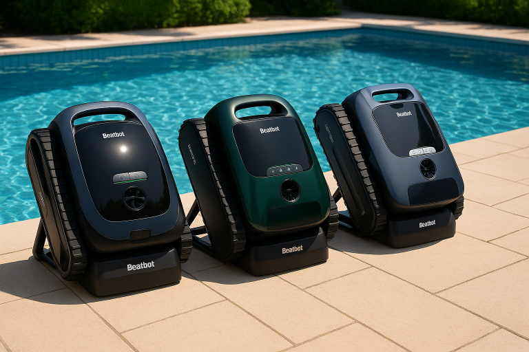 AquaSense 2, AquaSense 2 Pro et AquaSense Ultra au bord d’une piscine.