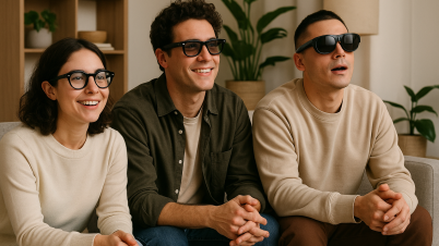 Les 7 meilleure lunettes intelligentes en 2025 Trois personnes testent des modèles de lunettes intelligentes.