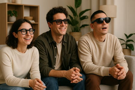 Trois personnes testent des modèles de lunettes intelligentes.