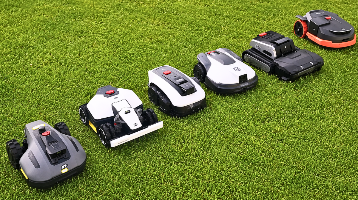 Robots-tondeuses de marques diverses alignés dans un jardin