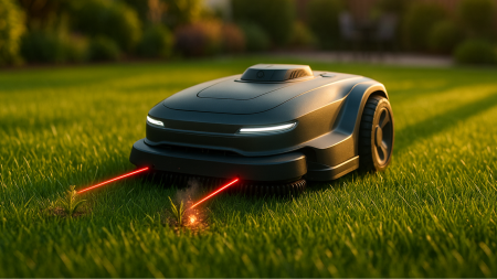 Robot-tondeuse futuriste qui grille les mauvaises herbes