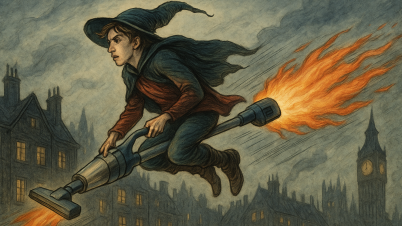 Aspirateurs-balais à petit prix : Aldi subit les risques d'incendie domestique ! aspirateur-balai enflammé chevauché par un sorcier