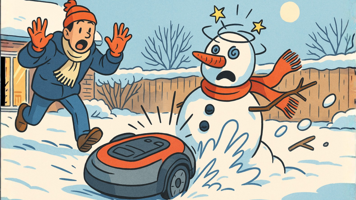 Robot tondeuse qui fonce dans un bonhomme de neige