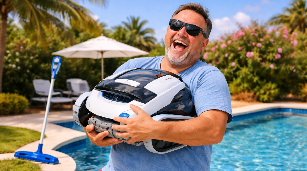 homme joyeux qui tient un robot piscine dans ses bras