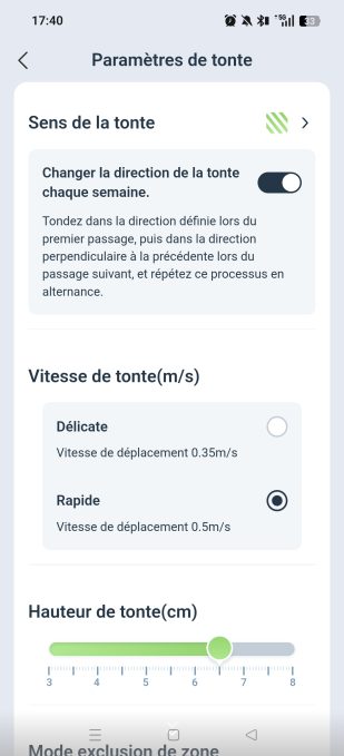 paramètres de tonte appli ecovacs home