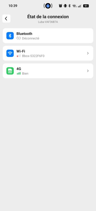 Appli Mammotion état de la connexion