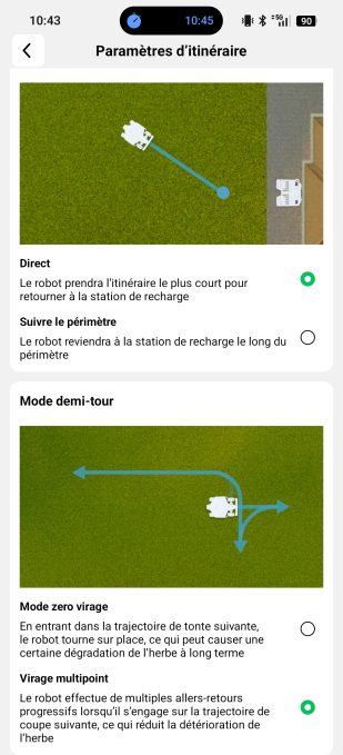 App Mammotion paramètres d'itinéraires
