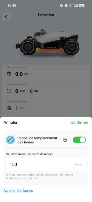 app mammotion rappel de remplacement des lames