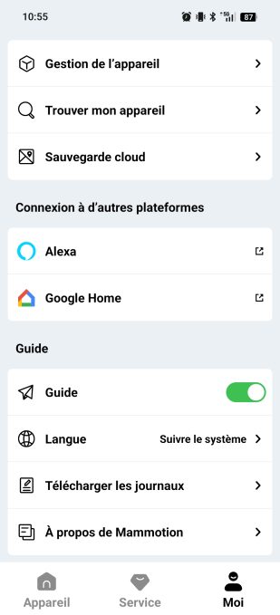 app mammotion menu général