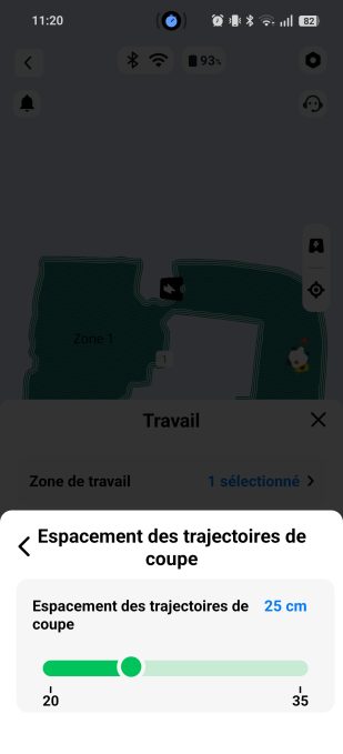App Mammotion espacement des trajectoires de tonte