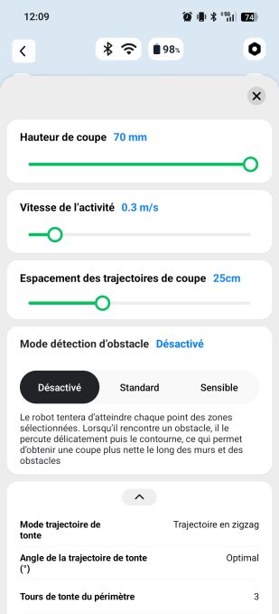 App Mammotion divers paramétrages