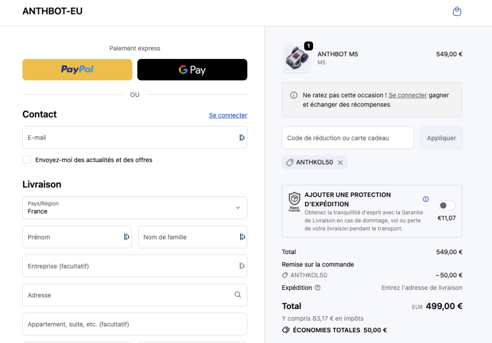 Exemple de panier Anthbot.com avec un code de réduction appliqué.