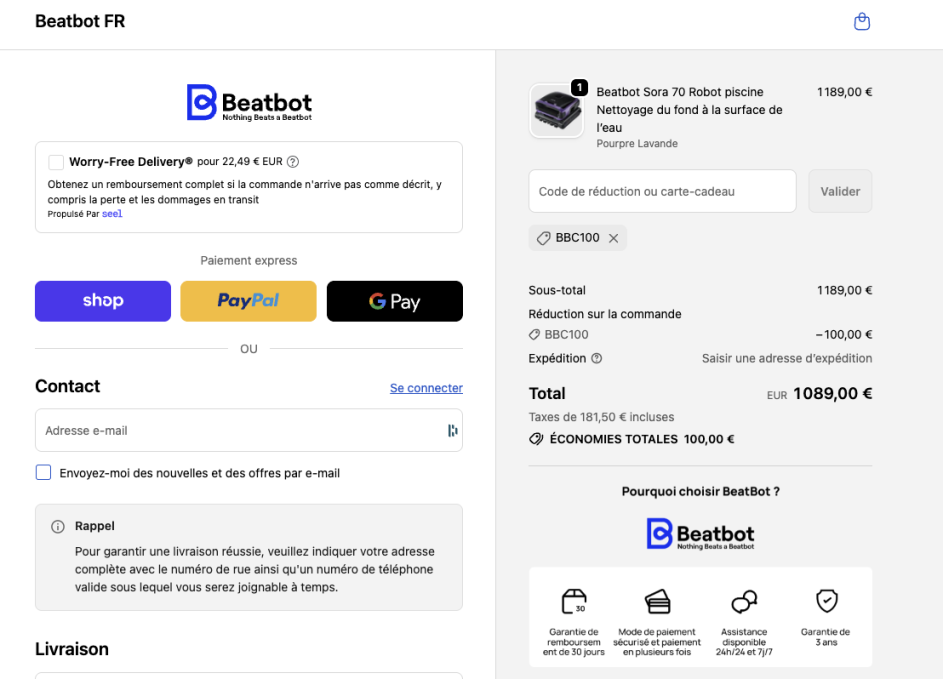 Exemple de panier fr.beatbot.com avec un code de réduction appliqué.