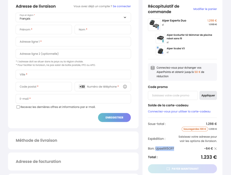Exemple de panier Aiper.store avec un code de réduction appliqué.