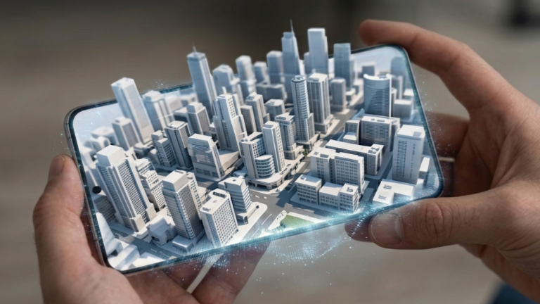 Vue d'artiste illustrant un écran holographique de smartphone