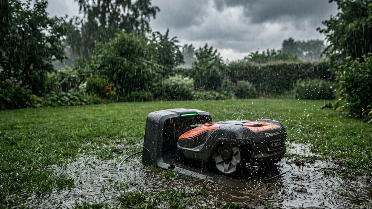 Robot tondeuse et sa station sous la pluie