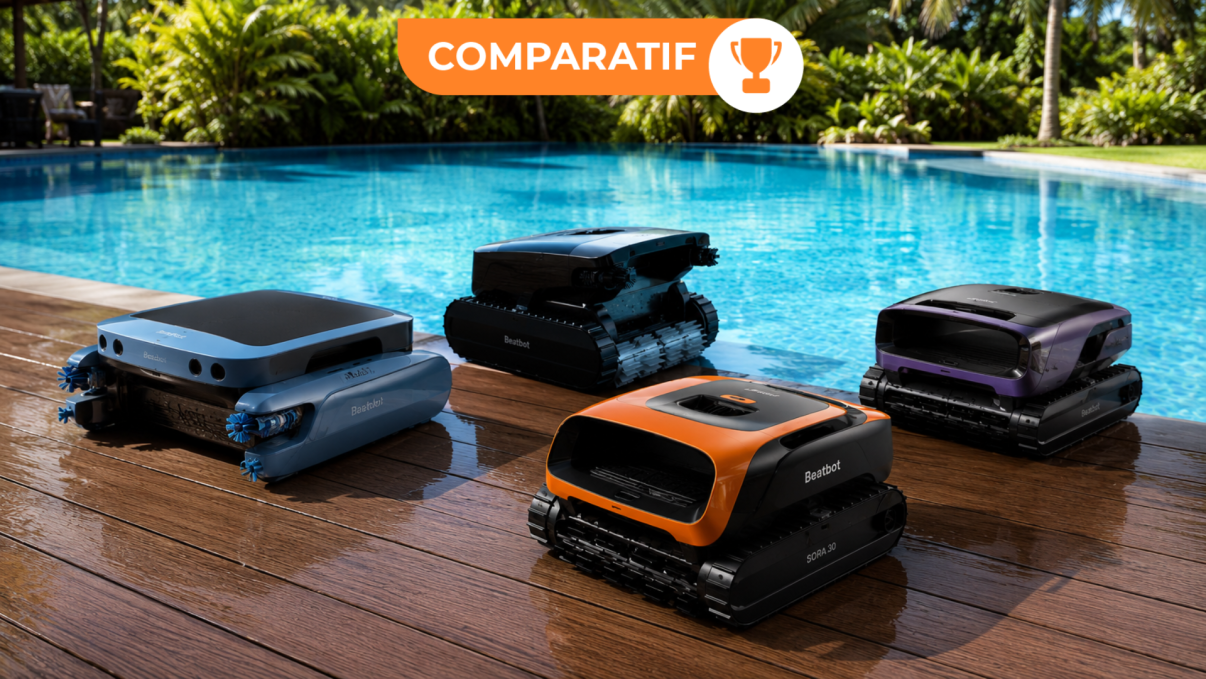 Robots beatbot rassemblés devant un bassin avec paysage tropical