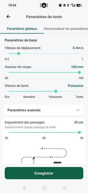 appli Lymow navigation paramètres de tonte