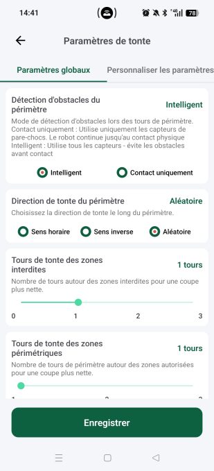 appli Lymow paramètres de tonte