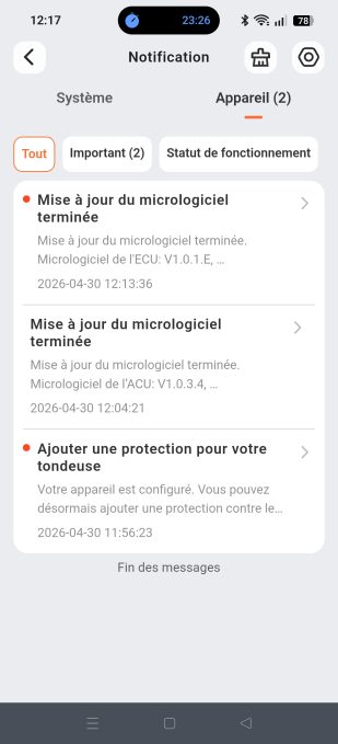 appli navimow notifications