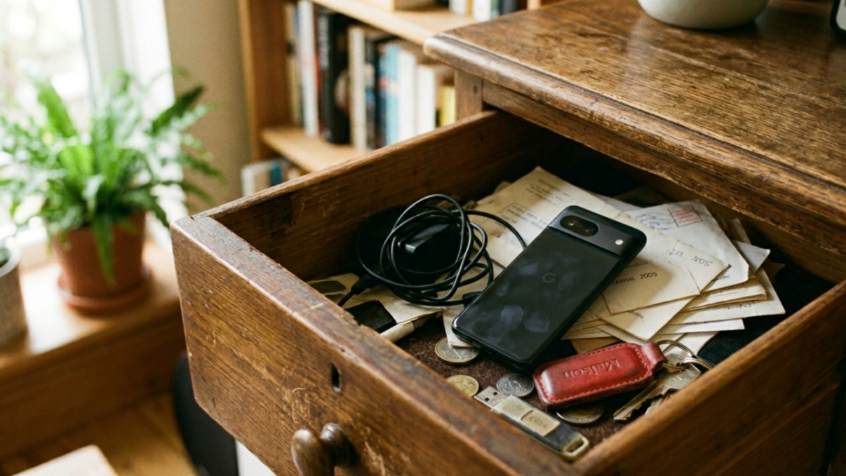 Vieux téléphone dans un tiroir