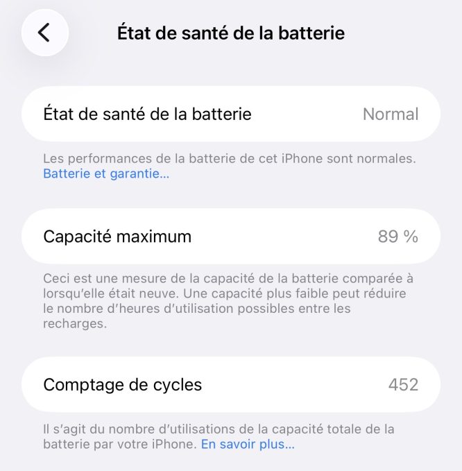 Menu d'état de santé de batterie (iPhone)