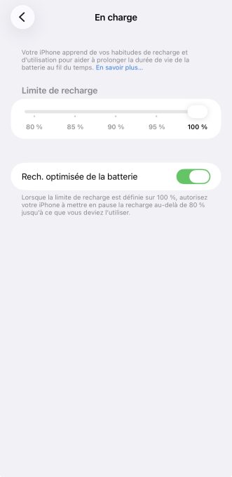 Menu d'optimisation de la charge sur l'iPhone