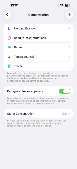 Mode de concentration sur iPhone