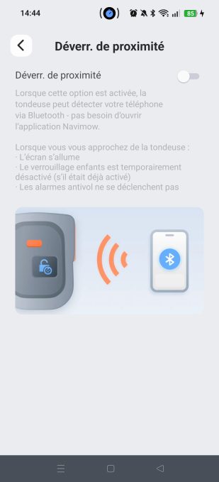appli navimow déverrouillage de proximité
