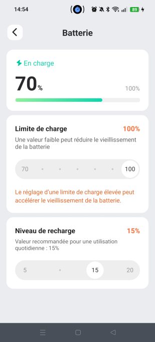 appli navimow interface gestion de batterie