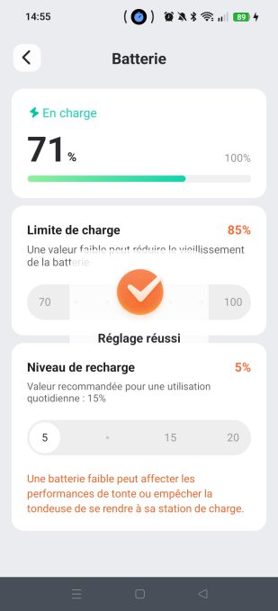 appli navimow gestion de batterie