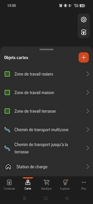 appli automower connect objets de la carte