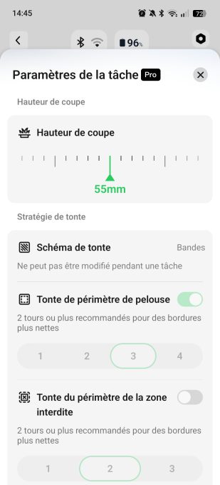 appli mammotion paramètres de la tâche