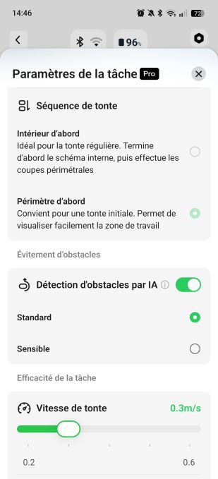 appli mammotion réglages de tonte
