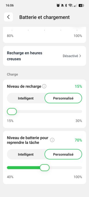 appli mammotion batterie charge paramètres
