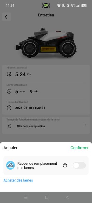 appli mammotion entretien rappel de remplacement des lames