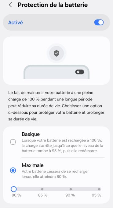 Menu d'optimisation de charge (Samsung)