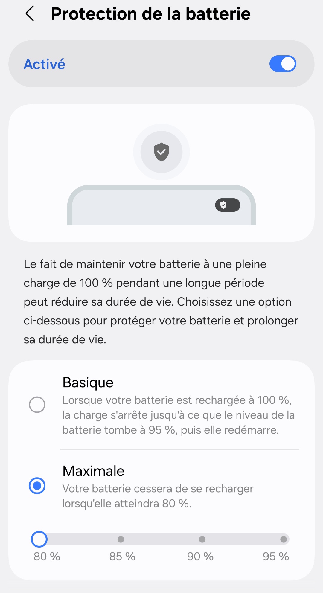 Menu d'optimisation de charge (Samsung)