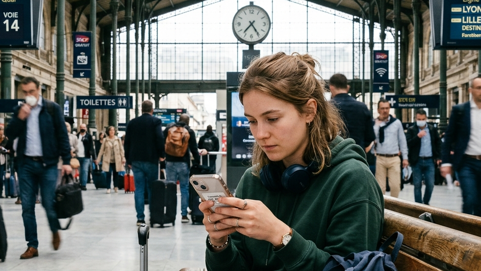 Personne utilisant son téléphone sur un réseau wi-fi public de gare