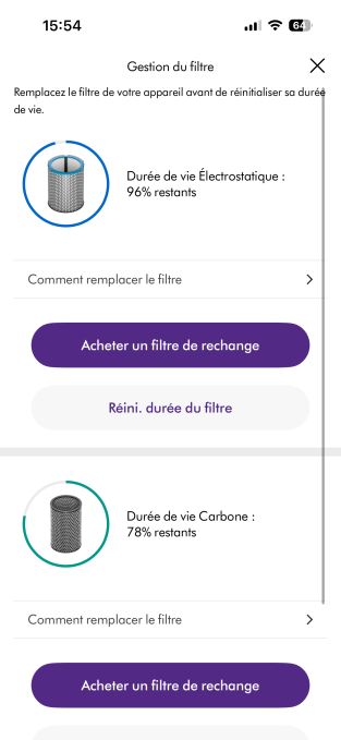 application mobile Dyson HushJet HJ10 - filtres