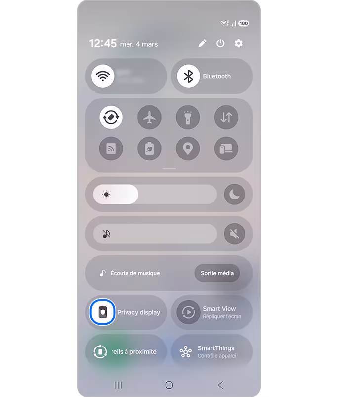 Activation du Privacy Display via le volet de raccourcis
