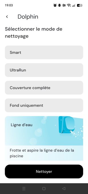 appli maytronics liste modes de nettoyage